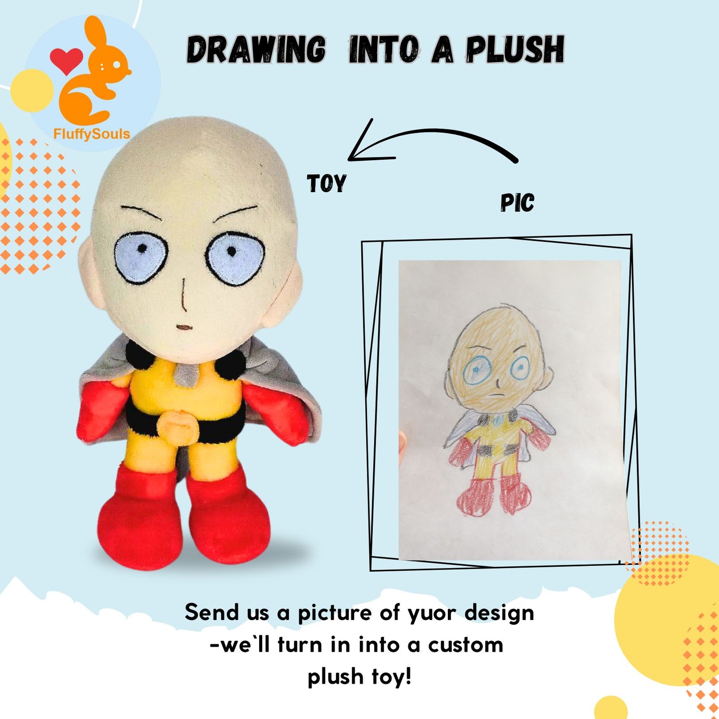Custom Plush Inspired by Saitama from One Punch Man Character, Handmade Plushie, Personalized Toy, Unique Gift for Fans